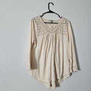 Boho Crochet Yoke Long-Sleeve Top - Cream Sz L